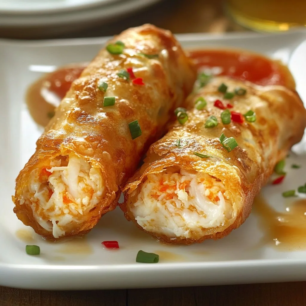 Quick and easy crab cake egg rolls on a plate