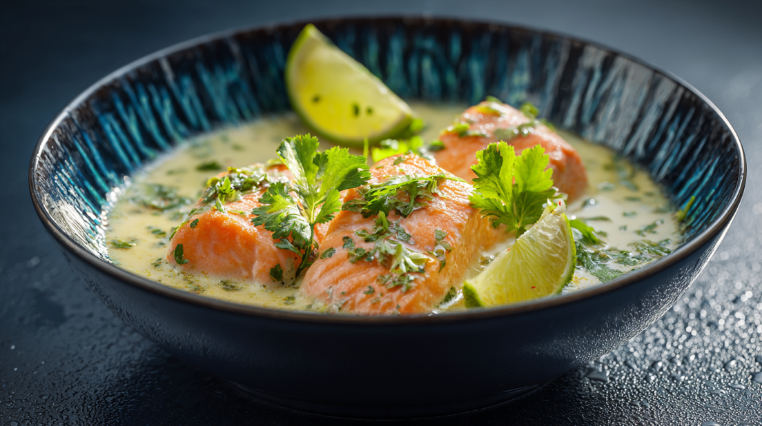 Poached salmon in creamy coconut lime sauce