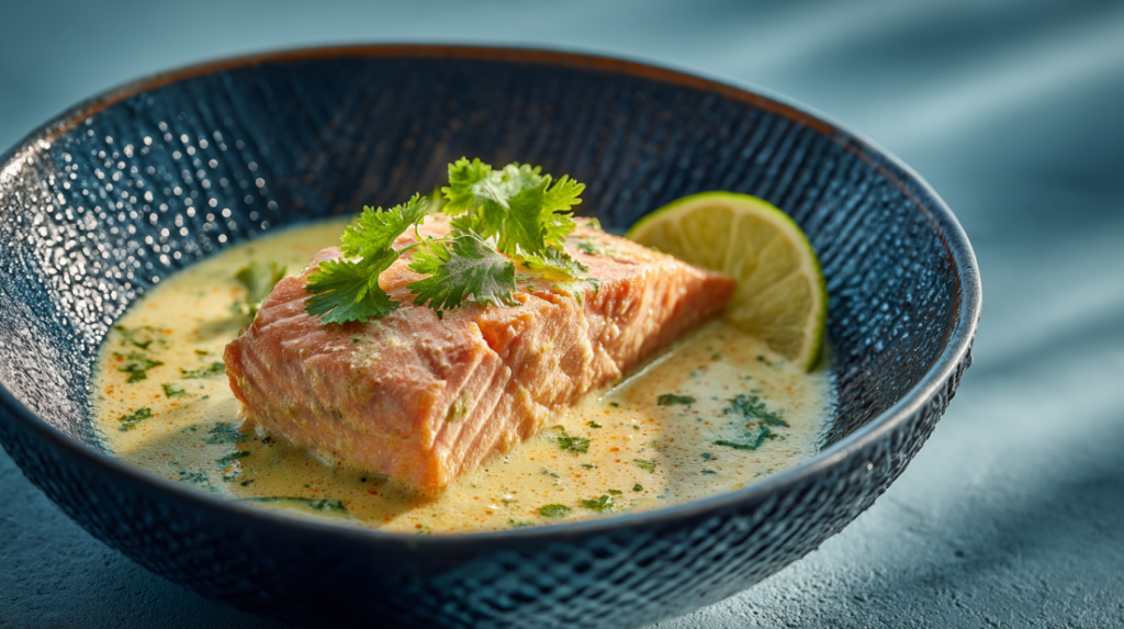 Poached salmon in creamy coconut lime sauce