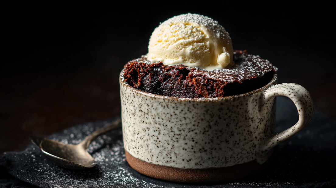 dark chocolate brownie in a speckled ceramic mug