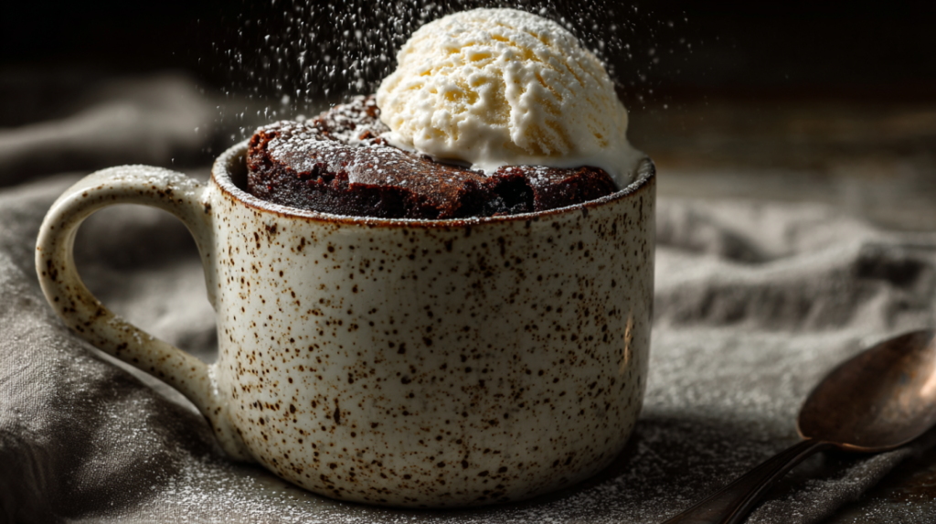 dark chocolate brownie in a speckled ceramic mug
