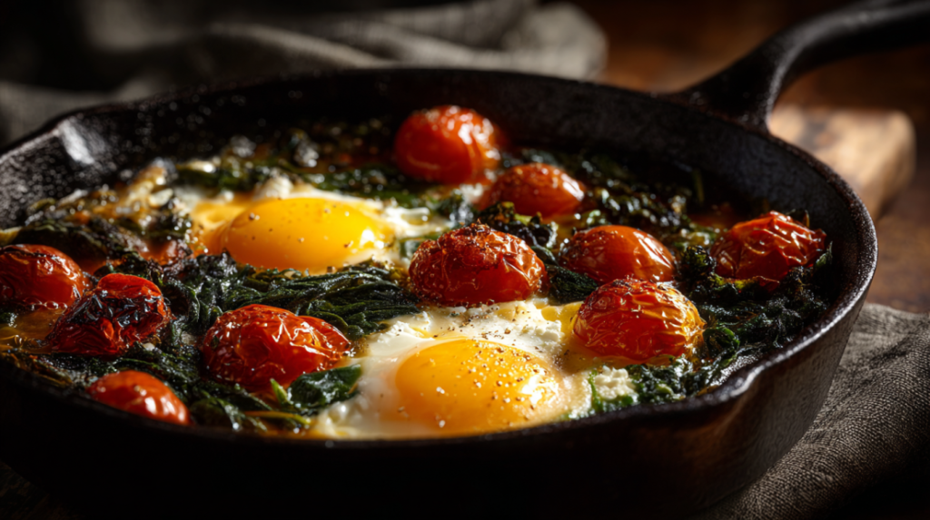 Baked Feta Eggs with Tomatoes and Spinach