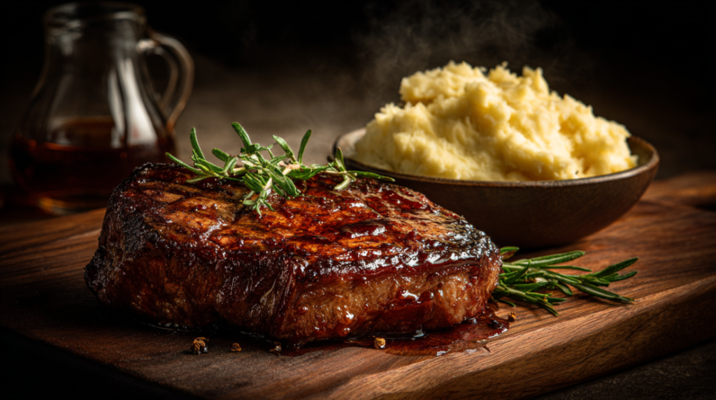 Whiskey Steak with Garlic Mashed Potatoes