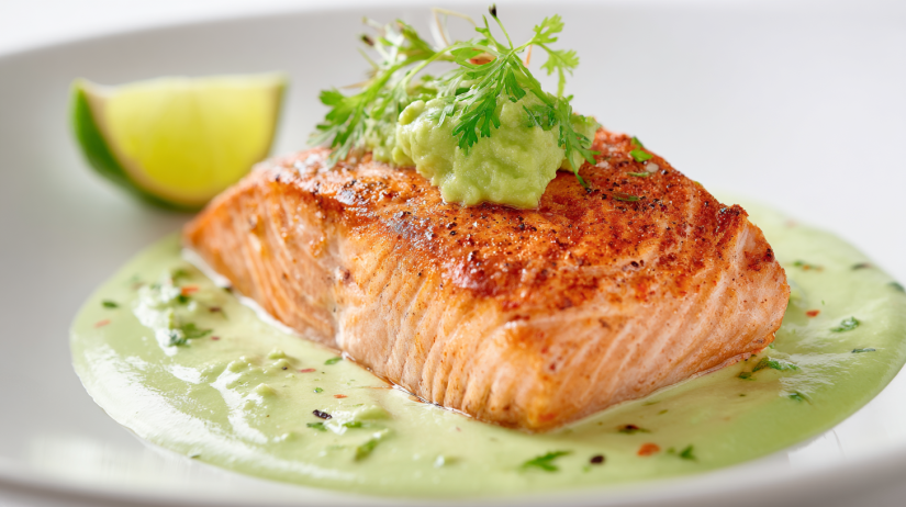 Baked Cajun Salmon with Creamy Avocado Lime Sauce