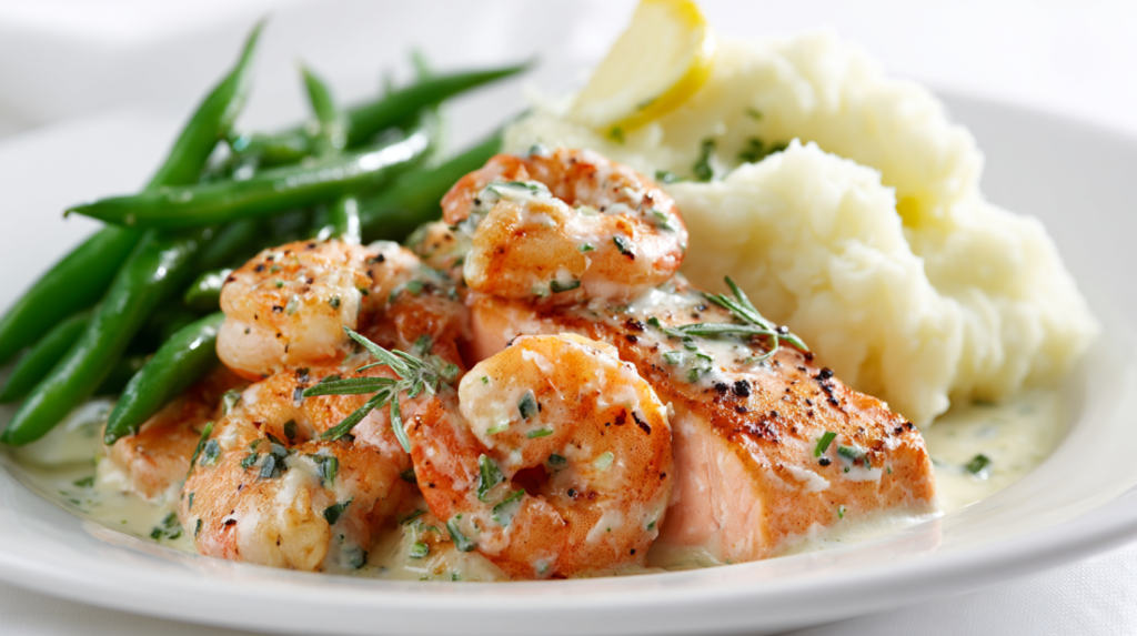 Cajun Shrimp and Salmon with Garlic Cream Sauce, Mashed Potatoes, and Green Beans