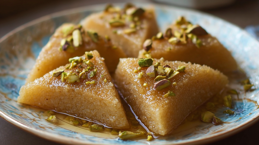 Honey-Soaked Semolina Triangles with Pistachios
