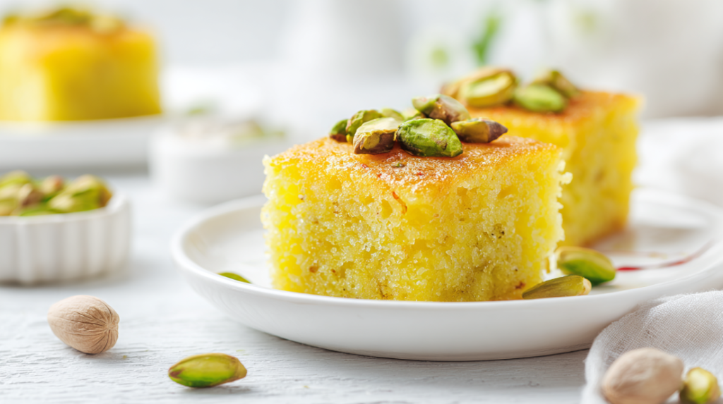Saffron Pistachio Basbousa