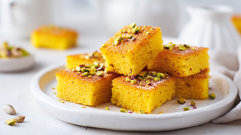 Saffron Pistachio Basbousa