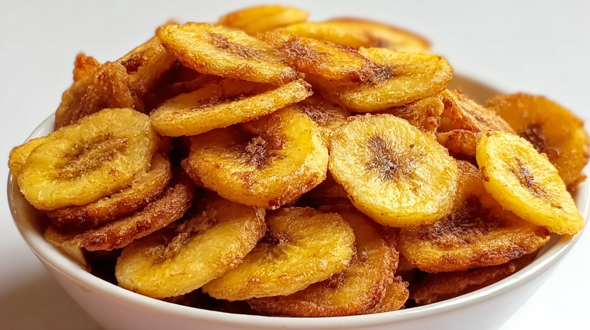 Crispy air fried banana chips sliced thin and cooked until golden