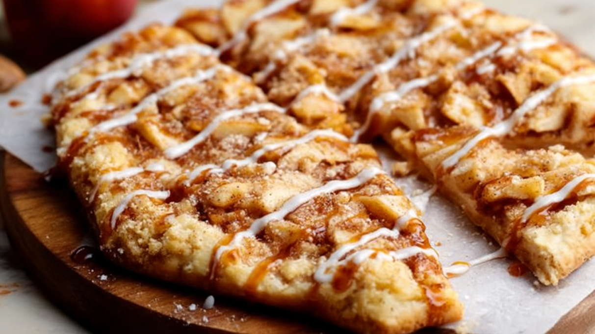 Apple dessert pizza with cinnamon-spiced apples, sweet glaze, and a golden crust