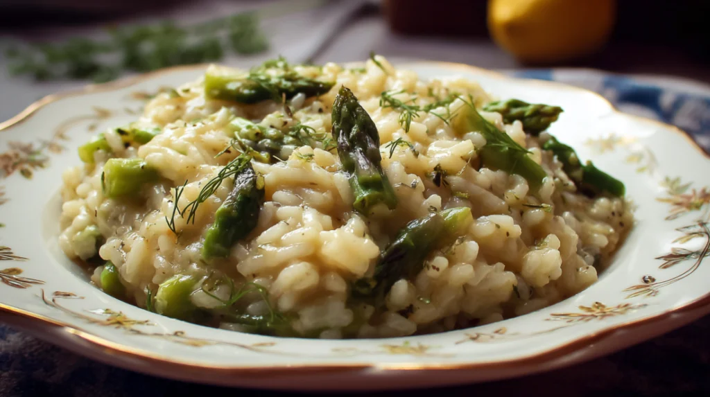 Asparagus Risotto creamy arborio rice cooked with fresh asparagus, parmesan cheese, and herbs, rich Italian-style risotto served in a bowl