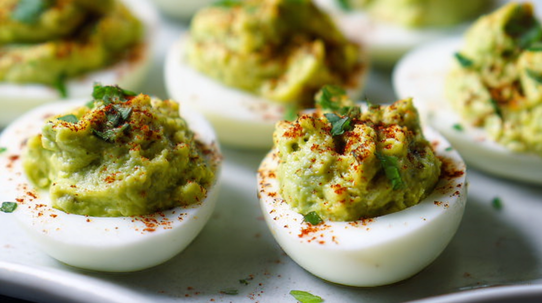 Avocado Deviled Eggs made with creamy avocado filling, perfectly halved boiled eggs topped with herbs, healthy low-carb appetizer on a white platter