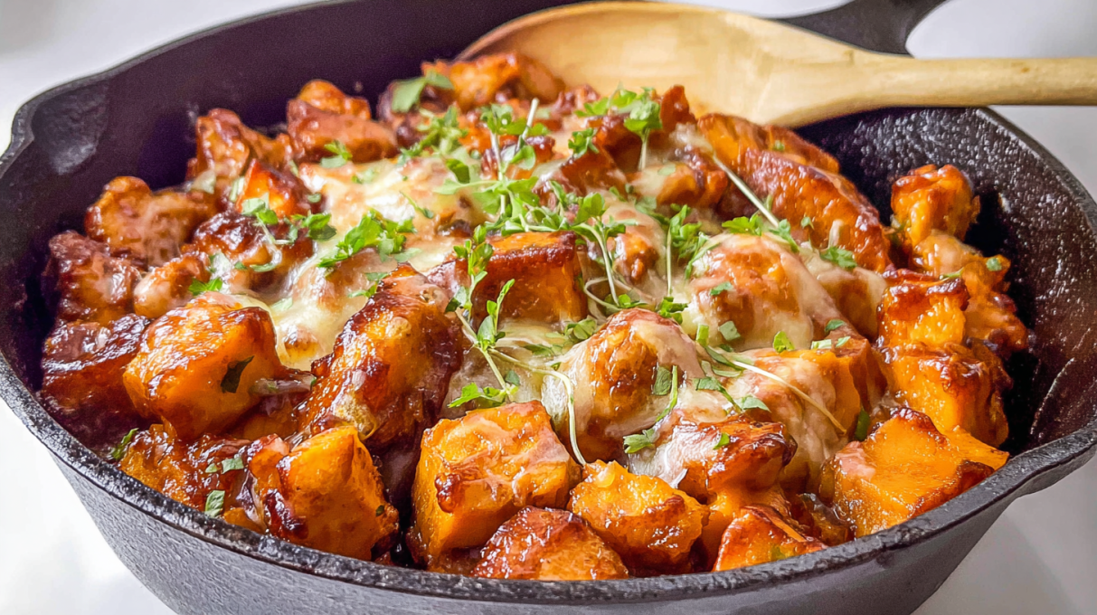 BBQ chicken sweet potato skillet with tender chicken, roasted sweet potatoes, and barbecue sauce