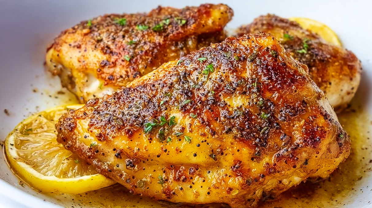 Baked lemon pepper chicken with juicy roasted chicken, crispy edges, and fresh lemon slices