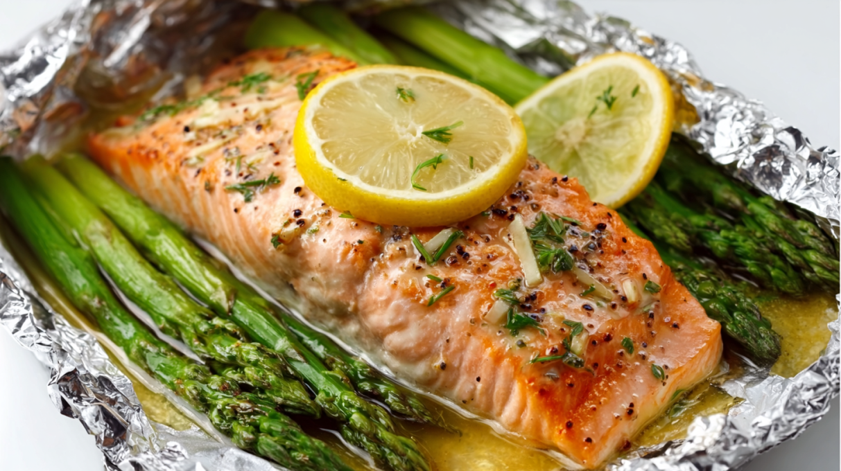 Baked salmon in foil with asparagus, lemon slices, and herbs, cooked until tender and flaky
