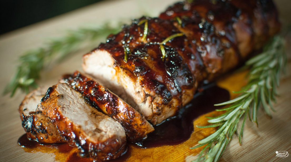 Balsamic Glazed Pork Tenderloin sliced pork tenderloin coated in glossy balsamic glaze, juicy roasted pork served with herbs on white plate