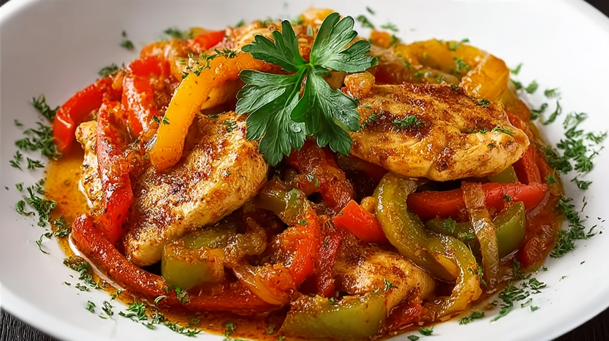 Banana pepper chicken skillet with tender chicken, sautéed banana peppers, onions, and savory sauce