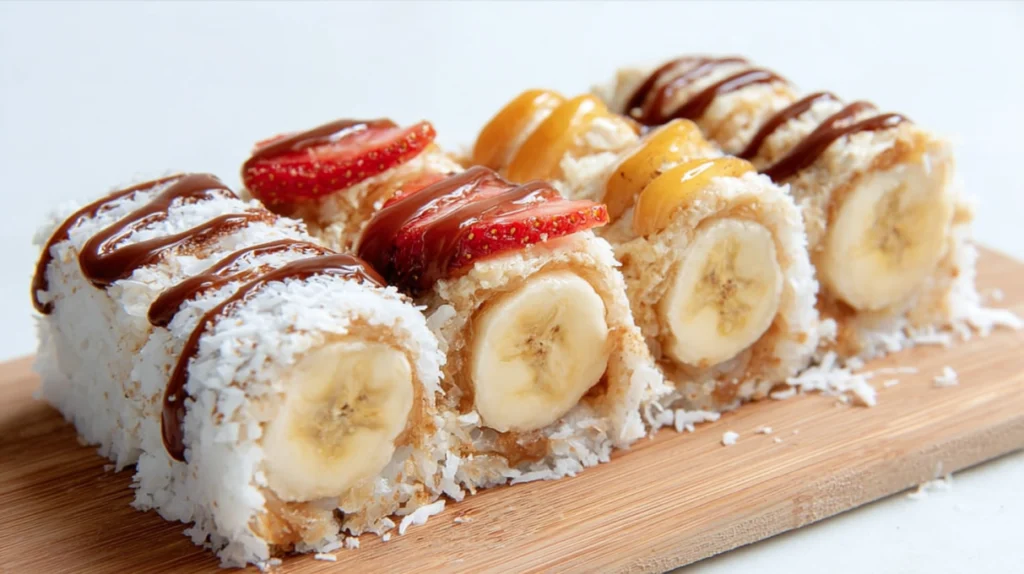 Banana sushi sliced into bite-sized pieces with peanut butter and toppings like chocolate or coconut