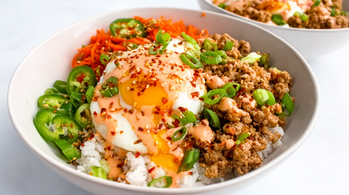Bang Bang ground turkey rice bowl with creamy spicy sauce and fresh toppings
