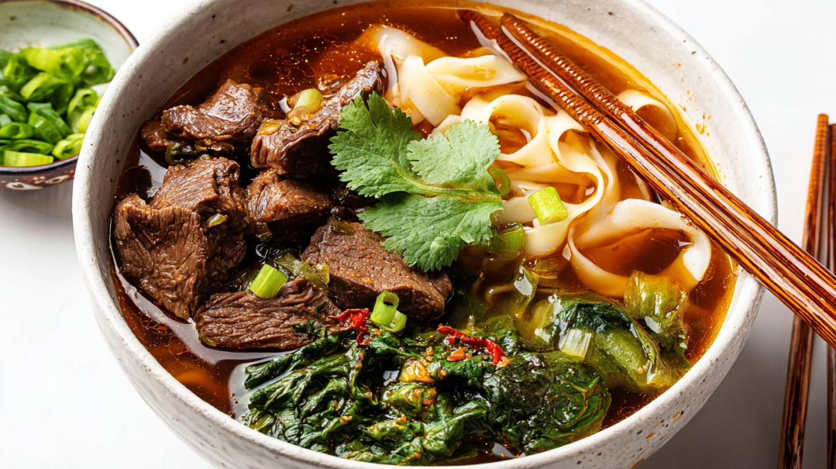 Hearty beef noodle soup with tender beef, noodles, vegetables, and rich savory broth