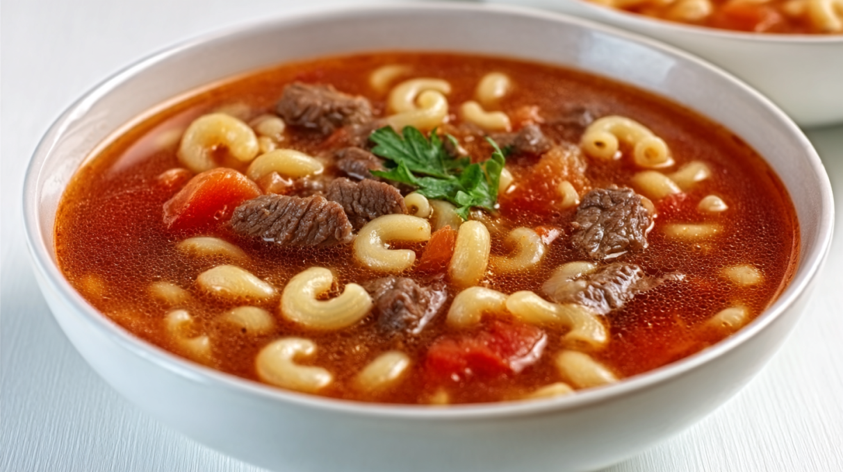 Hearty beef and macaroni soup with tender ground beef, pasta, and vegetables in a rich tomato broth