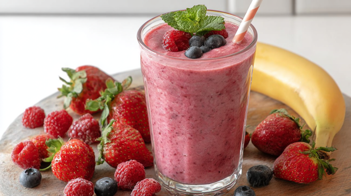 Berry blast smoothie made with blended strawberries, blueberries, and raspberries in a tall glass