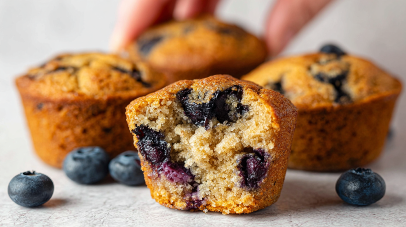 Blueberry Protein Muffins soft baked muffins with fresh blueberries and added protein, healthy breakfast muffins on white background