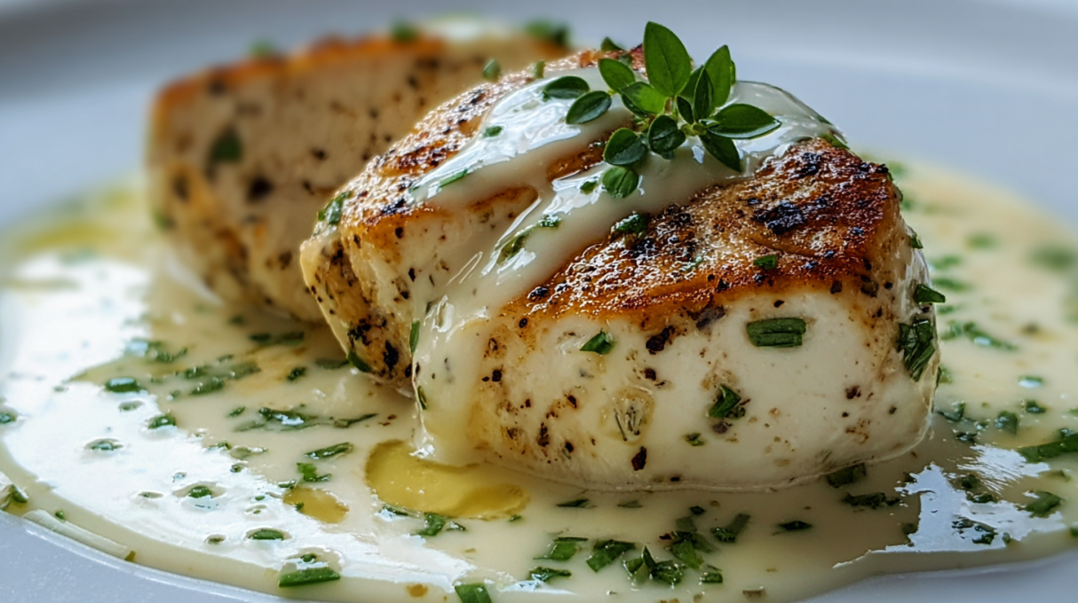 Boursin cheese chicken with creamy garlic herb cheese sauce baked over tender chicken breasts