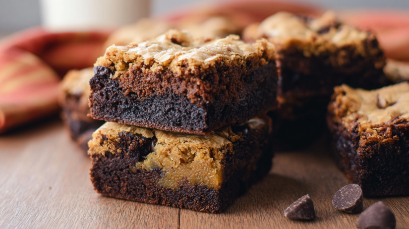 Brown Butter Brookies fudgy brownie and chewy cookie bars made with nutty brown butter, chocolate chips, and layered dessert squares on a white plate