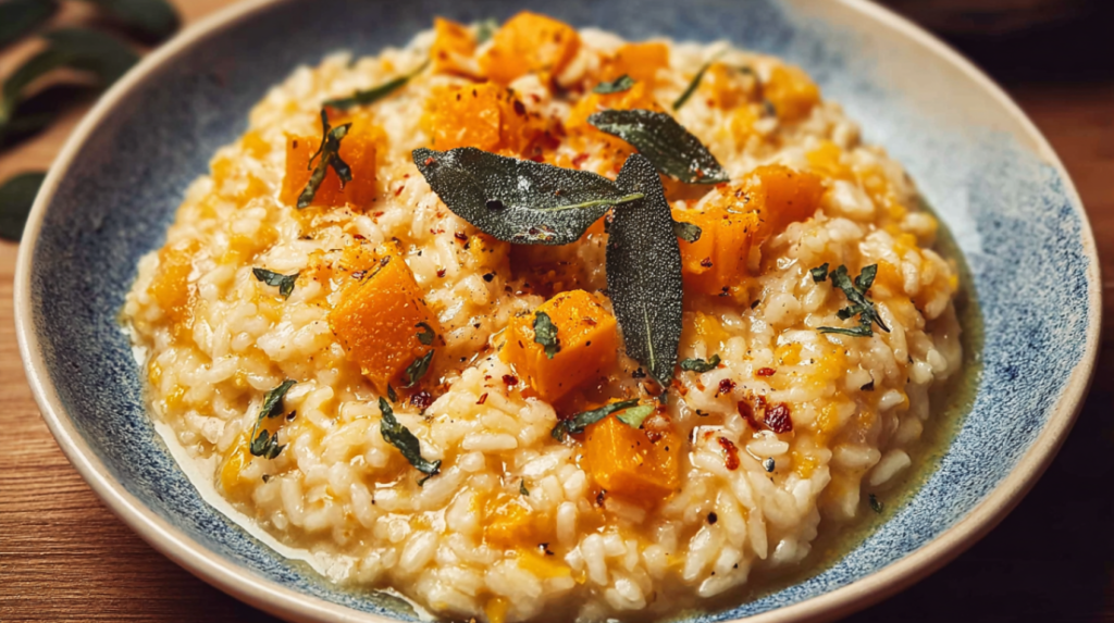 Butternut Squash Risotto creamy arborio rice with roasted butternut squash, parmesan cheese, and fresh herbs, served in a bowl with soft natural lighting, clean background, high-quality food photography