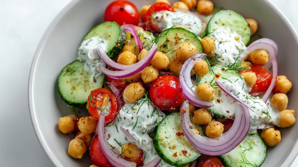 Cucumber Chickpea Ranch Salad made with crisp cucumbers, hearty chickpeas, and creamy ranch dressing
