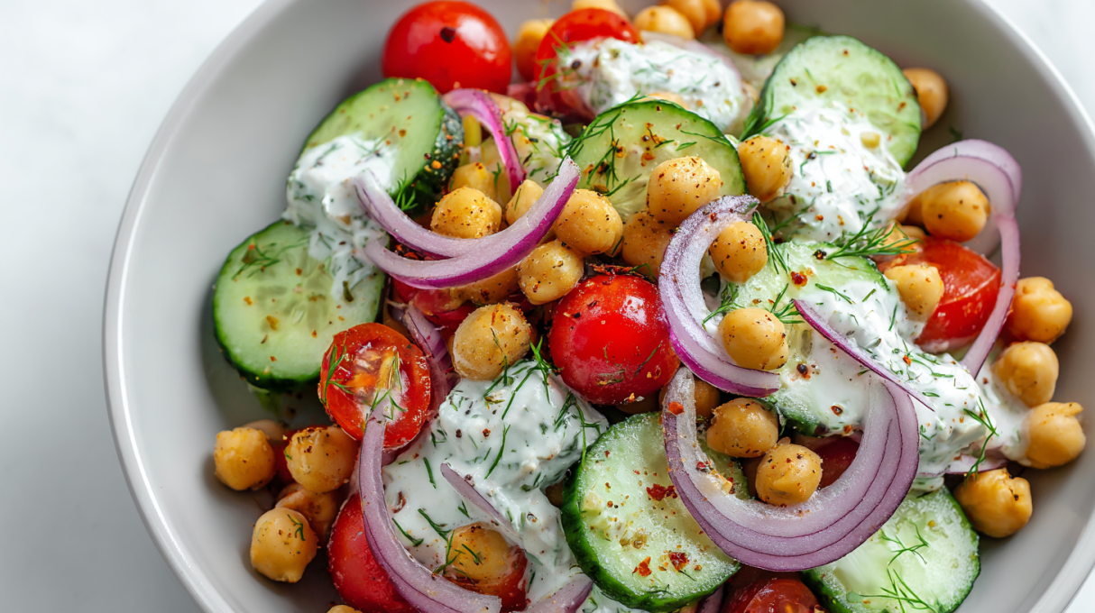 Cucumber Chickpea Ranch Salad made with crisp cucumbers, hearty chickpeas, and creamy ranch dressing