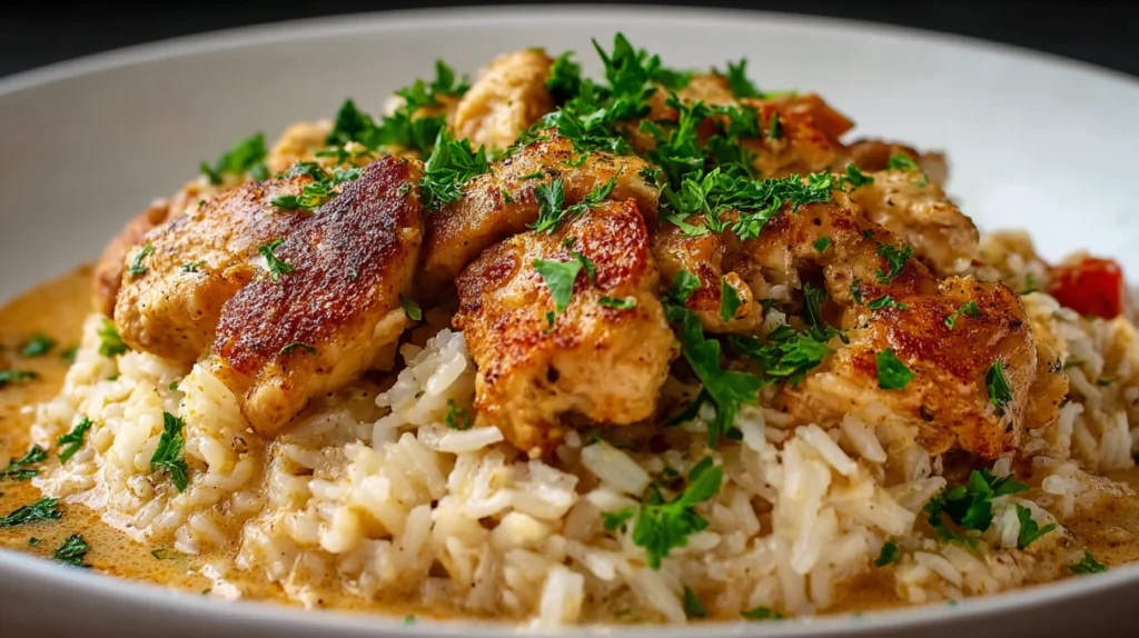 Cajun chicken and rice skillet with tender spiced chicken, fluffy rice, and colorful bell peppers