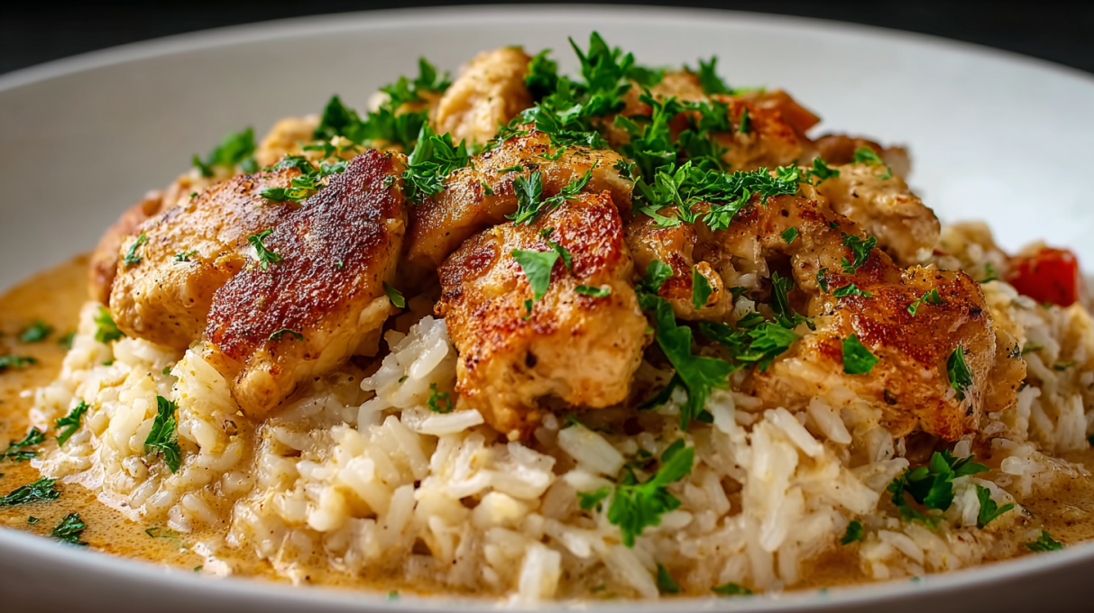 Cajun chicken and rice skillet with tender spiced chicken, fluffy rice, and colorful bell peppers