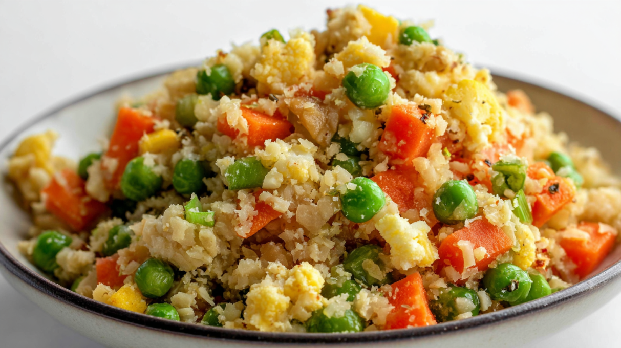 Cauliflower fried rice with chopped cauliflower, vegetables, eggs, and soy sauce stir-fried in a skillet