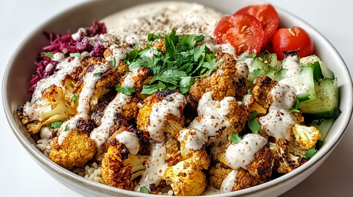 Cauliflower shawarma bowl with roasted spiced cauliflower, rice, fresh vegetables, and creamy tahini sauce