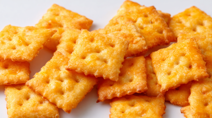 Homemade cheddar crackers baked until golden and crispy, stacked in a bowl