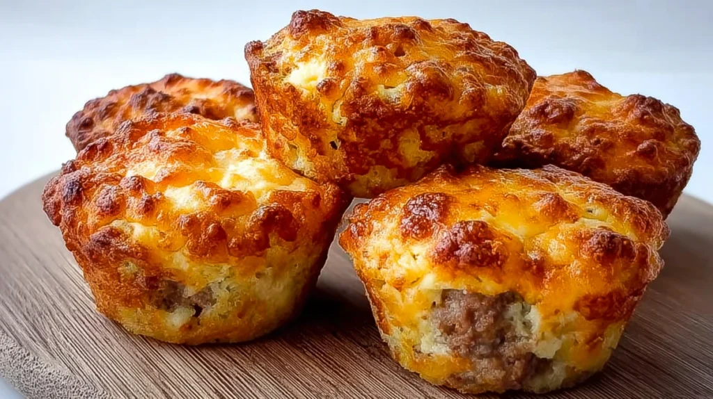 Cheesy sausage muffins with melted cheese and savory sausage baked into fluffy golden muffins