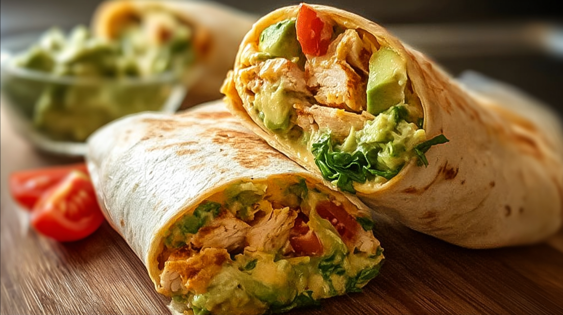 Chicken Avocado Ranch Burritos flour tortillas filled with grilled chicken, sliced avocado, ranch dressing, lettuce, and cheese, served on a white plate with soft natural lighting, clean background, high-quality food photography