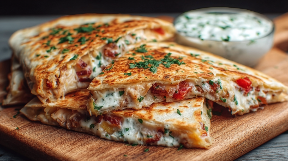 Chicken Bacon Ranch Quesadillas crispy tortillas filled with shredded chicken, crispy bacon, melted cheese, and creamy ranch dressing, sliced and served hot