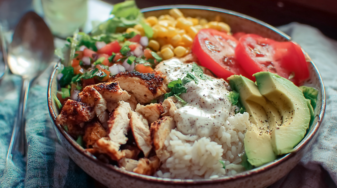 Chicken Burrito Bowl grilled chicken served over rice with beans, corn, avocado, and fresh toppings in a colorful healthy bowl