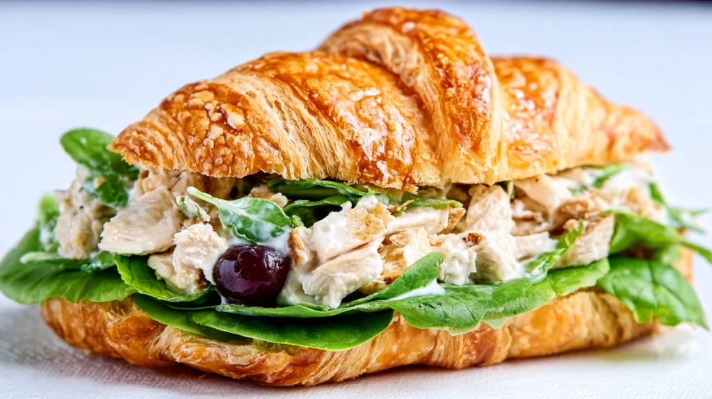 Chicken Caesar salad croissant sandwich filled with creamy chicken Caesar salad in a flaky croissant