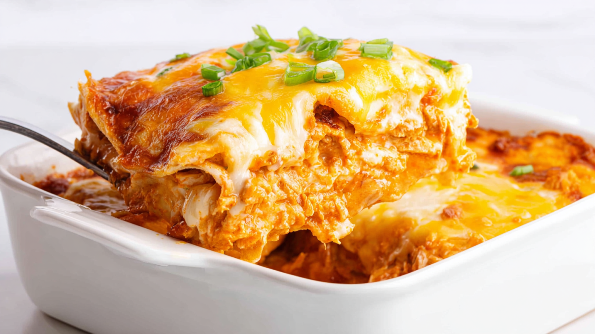 Chicken enchilada casserole layered with tortillas, shredded chicken, enchilada sauce, and melted cheese