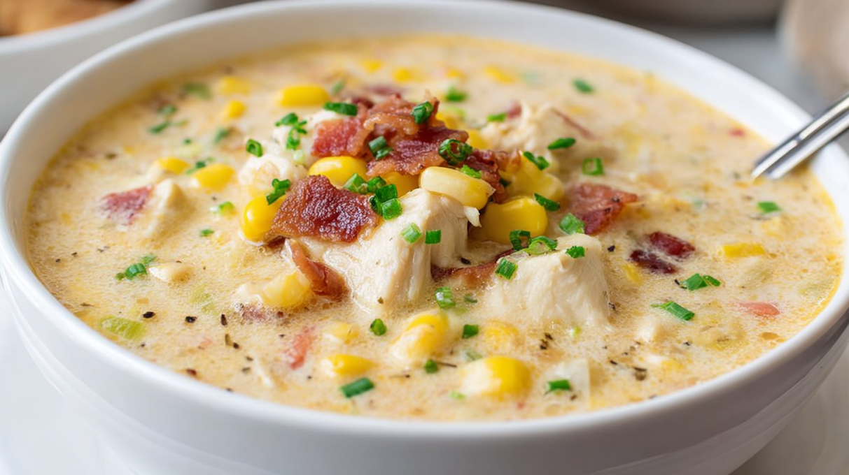 Creamy chicken and corn chowder with tender chicken, sweet corn, potatoes, and herbs in a rich broth