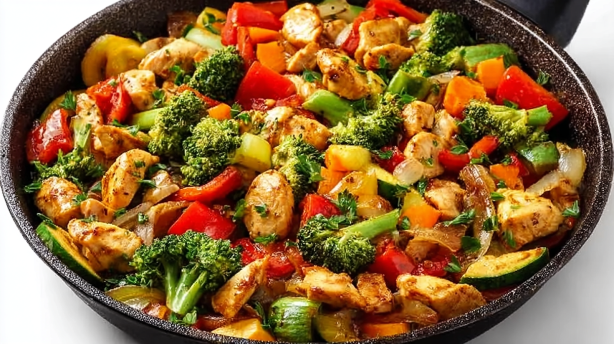 Chicken and vegetables skillet with juicy chicken, colorful bell peppers, zucchini, and carrots cooked in a savory sauce