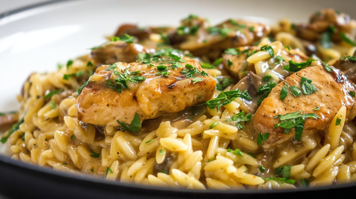 Chicken Marsala orzo with tender chicken, mushrooms, and creamy Marsala wine sauce over pasta