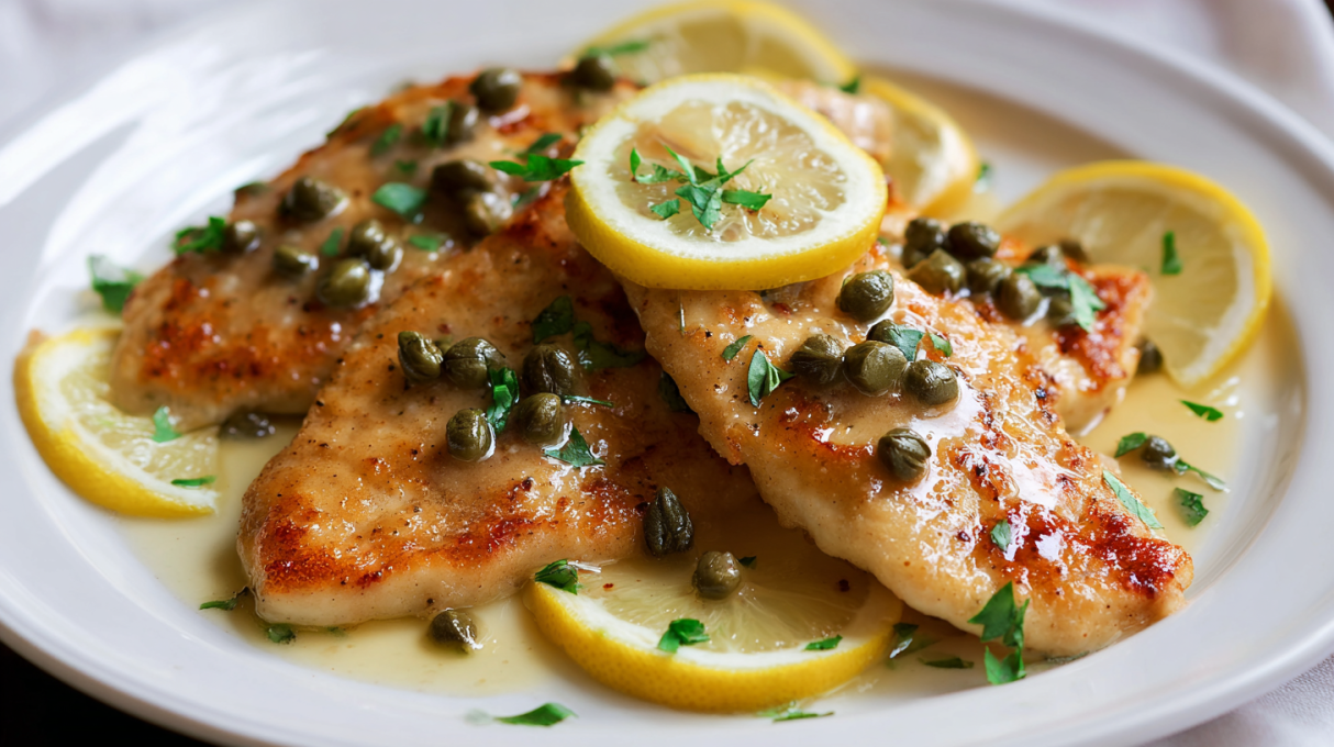 Chicken Piccata with lemon butter sauce, capers, and golden pan-seared chicken
