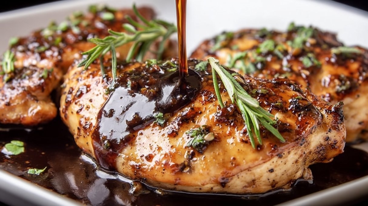 Chicken with Balsamic Sauce served with tender, juicy chicken coated in a rich balsamic glaze