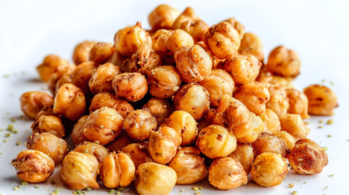 Crispy roasted chickpeas seasoned with spices served as a healthy snack in a bowl