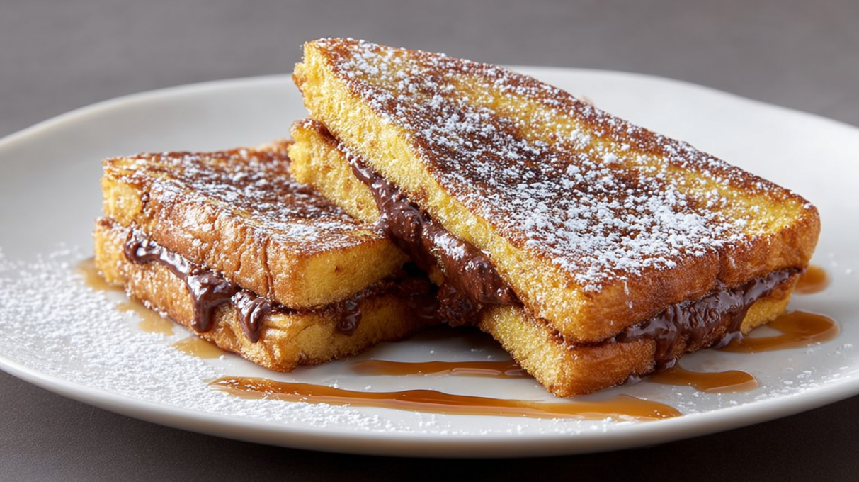 Chocolate French toast topped with powdered sugar, chocolate drizzle, and fresh berries
